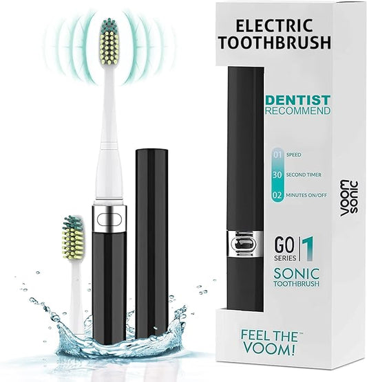 Voom Sonic Go 1 Series Travel Electric Toothbrush | Travel Toothbrushes - Battery Operated Toothbrush for Adults & Kids, Dentist Recommended Toothbrush, Portable w/ 2 Minute Timer (Black)