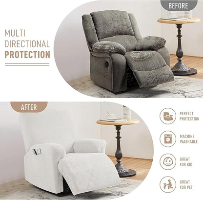 KinCam Recliner Covers, Stretch Reclining Chair Covers, Recliner Sofa Slipcovers Stripe Jacquard Recliner Couch Covers Furniture Protector Covers for Pet Kid (1 XL Seater, Cream)