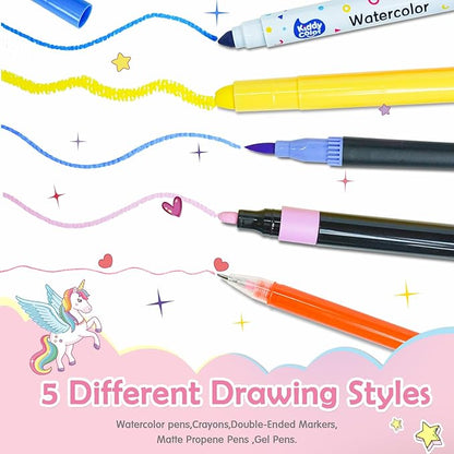 KIDDYCOLOR Unicorn Washable Markers Set 69 pcs with Glitter Pencil Case - Arts and Crafts Coloring Kit for Kids Ages 4-8, Includes Unicorn Stickers - Perfect Gifts for Girls