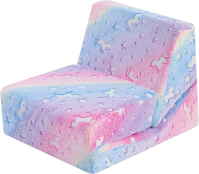 MeMoreCool Toddler Couch Fold Out Sofa Bed, Kids Lounge Chair Foldable Floor Lounger, 3-in-1 Folding Children Chair Bed, Pull Out Recliner for Toddlers 1-6, Unicorn