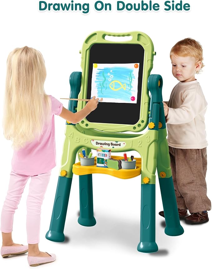 Kids Art Easel, Adjustable Drawing White Board & Chalk Board, Toddler Standing Easel with Painting Accessories, Gift for Girls Boy (Green)