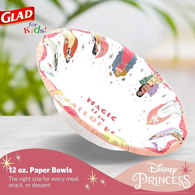 Glad for Kids Disney Princess 12oz Paper Snack Bowls - Magic is in All of Us - Durable, Soak Proof & Microwavable Disposable Bowls - 24ct bulk - Get the Matching Party Paper Plates & Party Cups