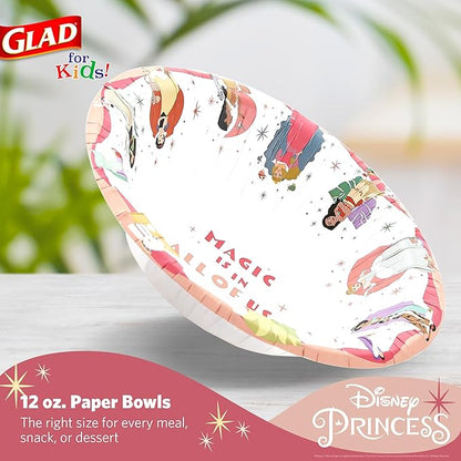 Glad for Kids Disney Princess 12oz Paper Snack Bowls - Magic is in All of Us - Durable, Soak Proof & Microwavable Disposable Bowls - 24ct bulk - Get the Matching Party Paper Plates & Party Cups