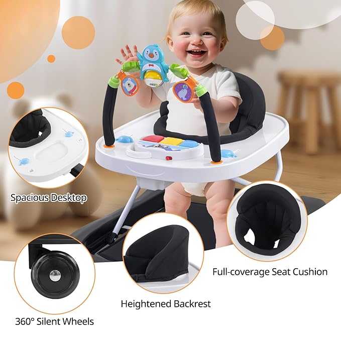 Baby Walker, Music & Removable Footrest with Toys, 3-Height Adjustable, Foldable 4-in-1 Activity Center for Infant and Toddler, Baby Walker for Baby Boy Girls 7–18 Months