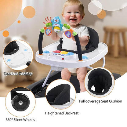 Baby Walker, Music & Removable Footrest with Toys, 3-Height Adjustable, Foldable 4-in-1 Activity Center for Infant and Toddler, Baby Walker for Baby Boy Girls 7–18 Months