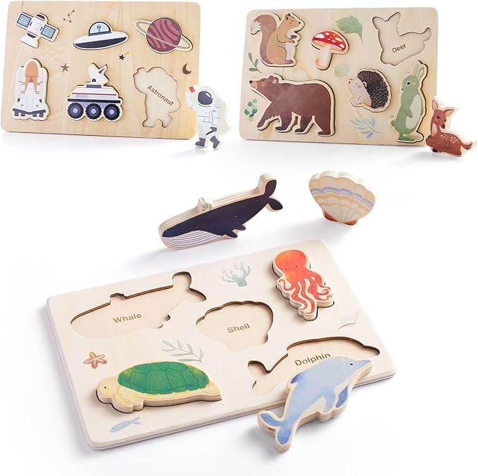 IEATFO 3 Packs Space Ocean Forest Wooden Chunky Puzzles for Toddlers, Wood Puzzles for Kids, Insert Puzzles Each Piece Fits Perfectly, Sturdy and Pegless, Educational Toys