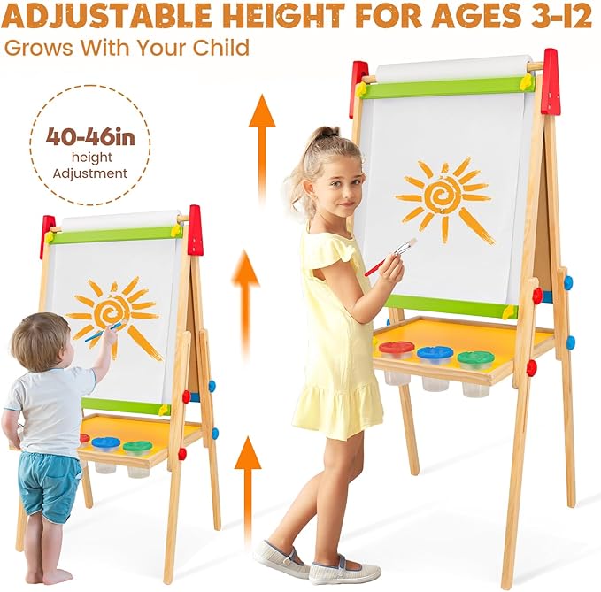 Art Easel for Kids Easel for Toddlers, Adjustable Wooden Kids Drawing Easel with Magnetic Whiteboard & Chalkboard, Kids Dry Erase Board, Easel for Kids Ages 3 4-8 9-12,Green w/Tray