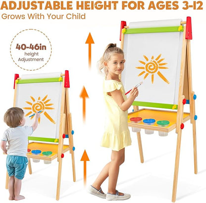 Art Easel for Kids Easel for Toddlers, Adjustable Wooden Kids Drawing Easel with Magnetic Whiteboard & Chalkboard, Kids Dry Erase Board, Easel for Kids Ages 3 4-8 9-12,Green w/Tray