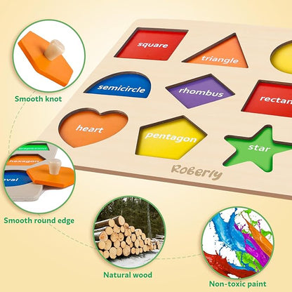 Roberly Shape Wooden Puzzles for Toddlers 1-3, Montessori Toys Peg Puzzle Geometric Color Matching Board for Girls Boys 12-18-24 Months Preschool Learning Educational Toys Birthday Gifts for Kids