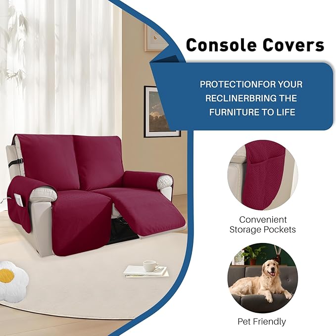 Easehomey 100% Waterproof Loveseat Recliner Cover Non-Slip Sofa Cover with Elastic Band Two Pockets, Washable Recliner Couch Cover 2 Seat Furniture Protector for Kids,Pets (Wine Red,Recliner Loveseat)