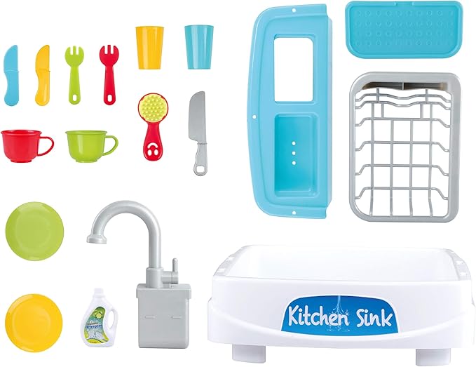 Play My Little Kitchen Sink Toys - Toddler Kitchen Role Dishwasher Toys with Running Water Cycle System - Utensils Tableware Accessories for Kids - 18 Piece Pretend Toy for Boys & Girls