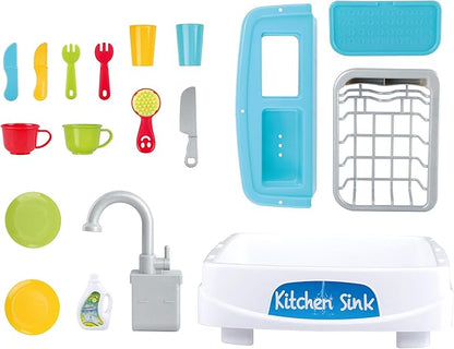 Play My Little Kitchen Sink Toys - Toddler Kitchen Role Dishwasher Toys with Running Water Cycle System - Utensils Tableware Accessories for Kids - 18 Piece Pretend Toy for Boys & Girls