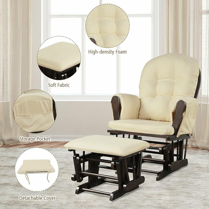Costzon Nursery Glider with Ottoman, Upholstered Comfort Glider Rocker with Padded Cushion, Storage Pocket, Solid Wood Base, Rocking Chair Nursery for Breastfeeding, Maternity, Napping (Beige)