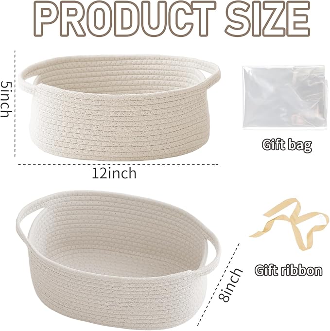 JMvicyroam Woven Basket,Small Rope Storage Bin with Handles & Ribbon Bag, Organizer for Shelves Closets,Gift Basket Empty for Birthday,Books,Dog Toys,White/3 Pack