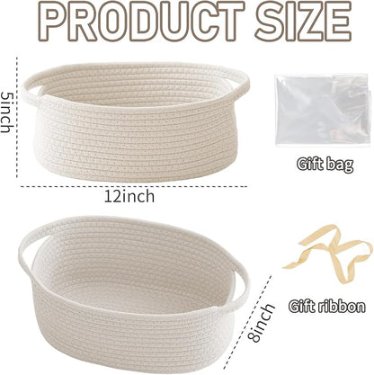 JMvicyroam Woven Basket,Small Rope Storage Bin with Handles & Ribbon Bag, Organizer for Shelves Closets,Gift Basket Empty for Birthday,Books,Dog Toys,White/3 Pack