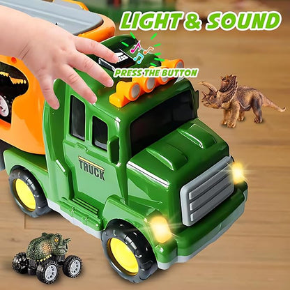 Dinosaur Toy Trucks with 3 Dino Cars & 3 Dino Figures, Sound Light Transport Carrier Truck Dinosaur Toys for Kids 3-5-7, Toddler Boy Toy for 3 4 5 6 7+ Year Old Boy Birthday Gifts Christmas