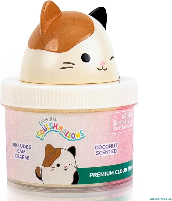 Original Squishmallows Cam The Cat Premium Cloud Slime, Coconut-Scented, 8 oz., Storage Container with Figurine Topper, Rubber Charm, Goodie Bags Stuffers, Kids Party Favors, Sensory Toys