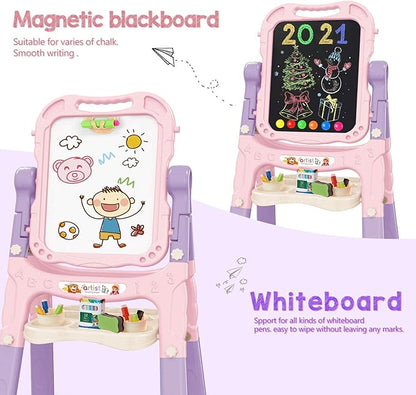 Art Easel for Kids, Adjustable Standing Rotatable Double Sided Easel with Painting Accessories for Toddlers Boys and Girls-Pink