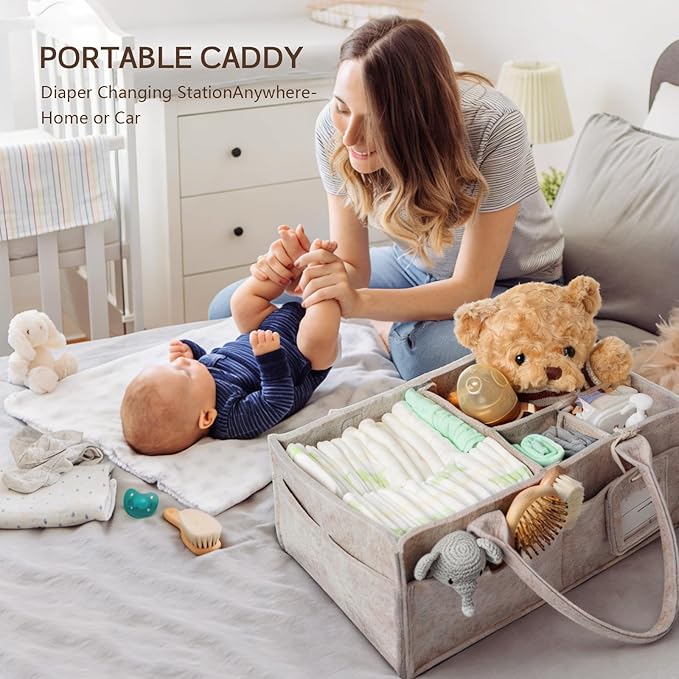 GEMII Diaper Caddy Organizer-Large Baby Caddy Organizer with Handle，Newborn Registry Essentials，Baby Shower Gift Basket for Boy or Girl(Oatmeal, Large)
