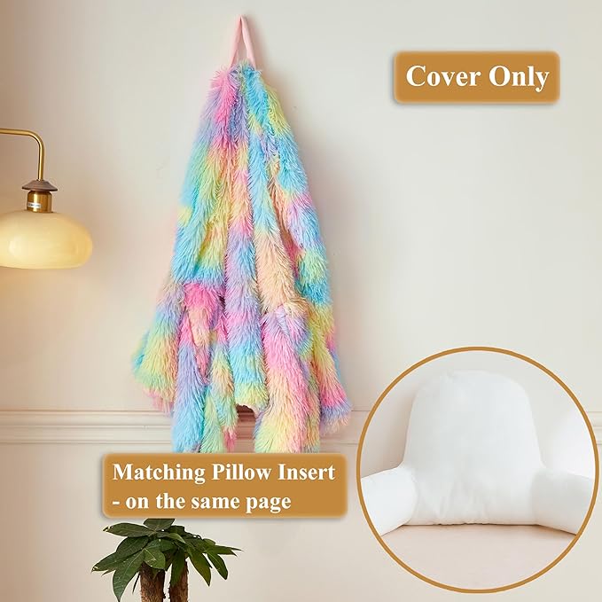 XeGe Fluffy Back Support Pillow Cover for Bed (No Filler), Tie Dye Faux Fur Backrest Pillow Case, Furry Reading Pillow Cover with Arms Adults Kids Girls, Fuzzy Sit Up Study Pillow for Floor, Rainbow