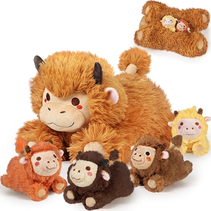 KMUYSL Highland Cow Stuffed Animal for Girls Ages 0 1 2 3 4 5 6 7 8+ Years Old, Mommy Cow Animals Plush Toys with 4 Baby Calves, Soft Animal Stuffed Toys Set, Christmas Birthday Gifts for Kids Girls