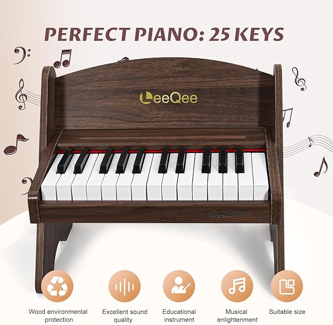 LeeQee Baby Piano for Toddlers, 25 Keys Wooden Piano for Kids with Volume Control, Mini Digital Music Educational Instrument Toy, Dual Power Mode Portable Wood Piano for 3+ Year Old Girls Boys