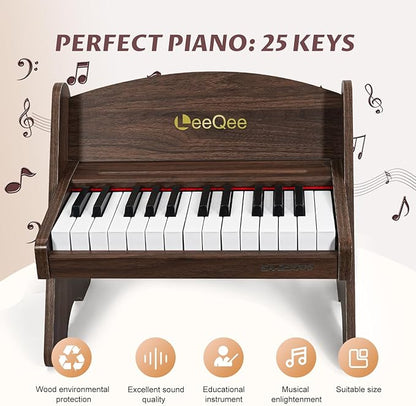 LeeQee Baby Piano for Toddlers, 25 Keys Wooden Piano for Kids with Volume Control, Mini Digital Music Educational Instrument Toy, Dual Power Mode Portable Wood Piano for 3+ Year Old Girls Boys