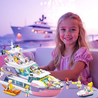 Friends Pink Yacht for Girls 8-12, Cruise Ship Building Toys with 8 Minifigures & 2 Boats, Compatible with Lego Friends Girls Ship, Gifts for Kids Girls Ages 8+, 1108 PCS
