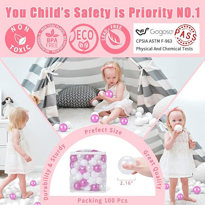 GOGOSO 100 Pieces Star Ball Pit Balls Plastic Phthalate&BPA Free Stress Balls for Toddlers and Kids Playhouse Ball Pit Accessories, Pearl Purple+Pearl Gray+Gray+White