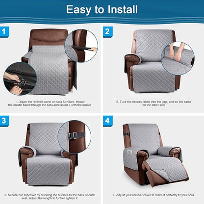 KinCam 100% Waterproof Recliner Chair Cover, Reclining Couch Covers for Pets, Dogs, Recliner Couch Slipcover Furniture Protector with Elastic Straps for Kids(28", Light Gray)