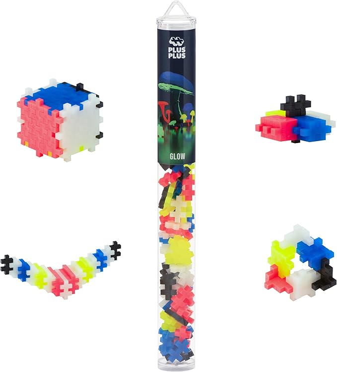 PLUS PLUS 70 Piece Interlocking Building Blocks for Kids, Open Ended Connecting Toys, STEM Bin Classroom Mini Manipulatives - Glow in The Dark Play Tube