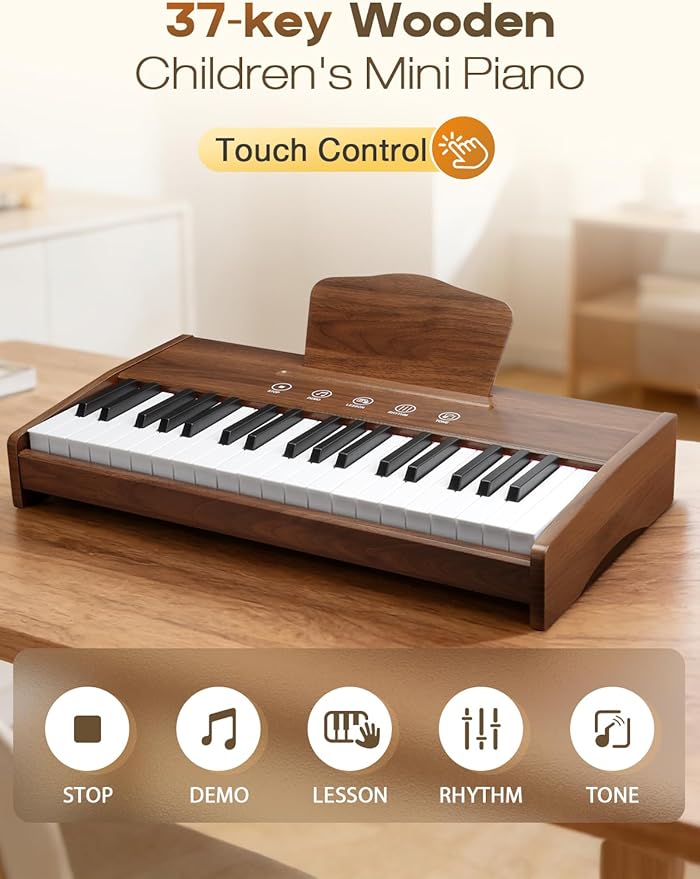 Kids Piano Keyboard, 37 Keys Digital Piano for Kids, Touch Button, Music Educational Instrument Toy, Wood Toy for 3+ Girls and Boys(Dark Brown)