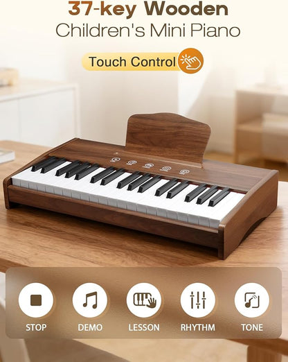 Kids Piano Keyboard, 37 Keys Digital Piano for Kids, Touch Button, Music Educational Instrument Toy, Wood Toy for 3+ Girls and Boys(Dark Brown)