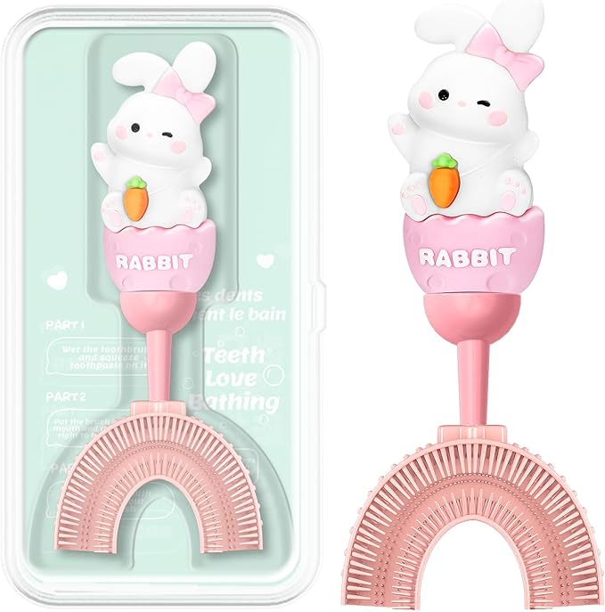 Toddler U-Shaped Toothbrush for 2-6 Years, Training Toothbrush, Kids Toothbrush, Food Grade Soft Silicone Brush Head, 360° Oral Teeth Cleaning Design for Kids, U-Shape Toothbrush for Kids (Pink