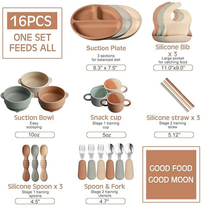 24 Pack Silicone Baby Feeding Set Baby LED Weaning Supplies Includes Suction Divided Plates Soft Bowl Spoons Forks Adjustable Bib Snack Cup and Straws(Walnut Color, Beige, Smoky Gray)