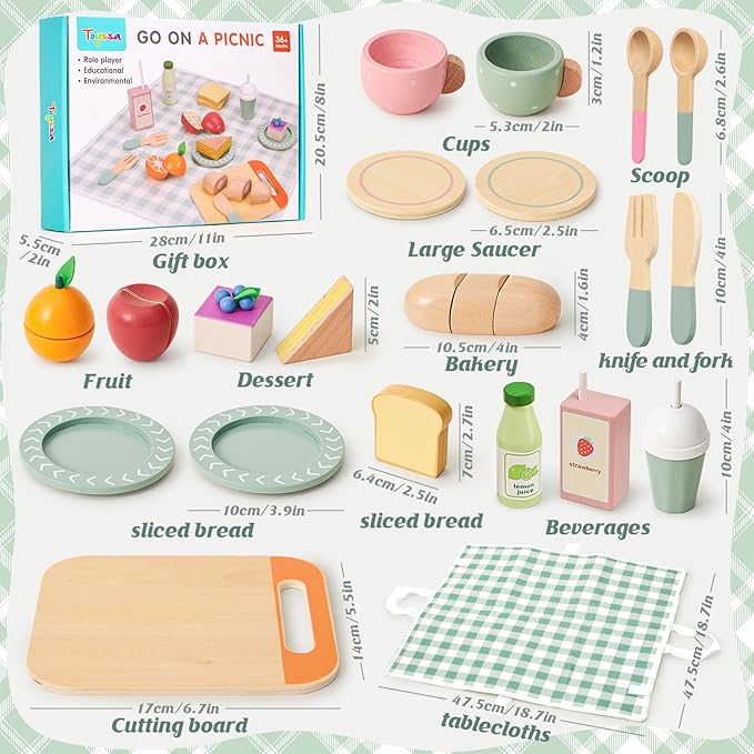 Toyssa Wooden Picnic Tea Party Set for Litle Girls 3-5, Picnic Pretend Play Kitchen Accessories for Kids with Fruits & Desserts, Toys Foods Christmas Birthday Gifts for Girls Boys 3 4 5 6 Years Old