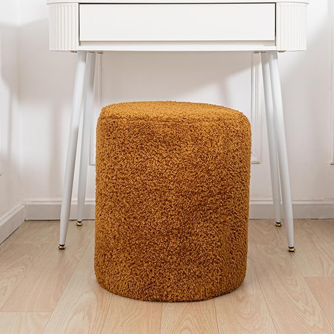 Round Ottoman Soft Chair 14.6x14.6x18 Inches Boucle Ottoman Multifunctional Vanity Chairs for Makeup Fluffy Fur Ottoman Stool Pouf Footrest Stool for Living Room Bedroom (Coffee)