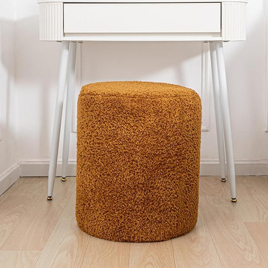 Round Ottoman Soft Chair 14.6x14.6x18 Inches Boucle Ottoman Multifunctional Vanity Chairs for Makeup Fluffy Fur Ottoman Stool Pouf Footrest Stool for Living Room Bedroom (Coffee)