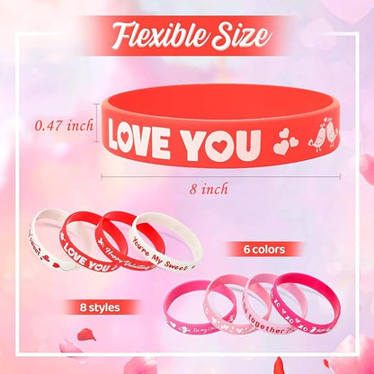 48Pcs Valentines Day Party Favors Silicone Bracelets Slap Bracelets Assorted for Kids Girls Boys Toddlers Valentines School Classroom Exchange Prizes Gifts