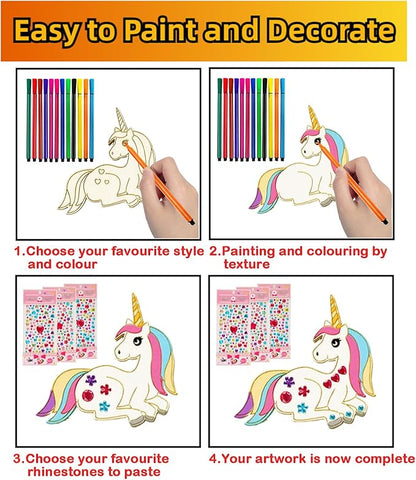 398 Pcs Unicorn Crafts, Wooden Painting Crafts for Kids, Wooden Crafts With 30 Wooden Blocks 354 Rhinestones 12 Color Pens 2 Stickers, Kids Crafts, DIY Crafts and Birthday Party Gifts for Kids