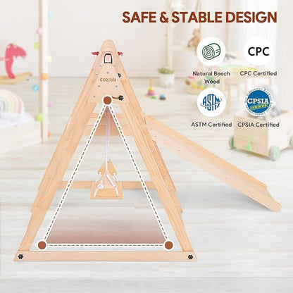 7 in 1 Indoor Jungle Gym for Kids, Foldable Toddler Indoor Playground with Slide, Beechwood & Baby Swing, Climbing Wall & Ladder, Wooden Climbing Toys Playset Gifts for Kids (Wood Color)