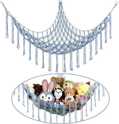 Boho Stuffed Animals Net or Hammock Large,55 inch Toy Hammock Macrame Stuff Animal Storage Corner Hanging Net Holder,Mesh Hammock Plush Toy Organizer with Hooks for Bedroom,Nursery (Baby Blue)