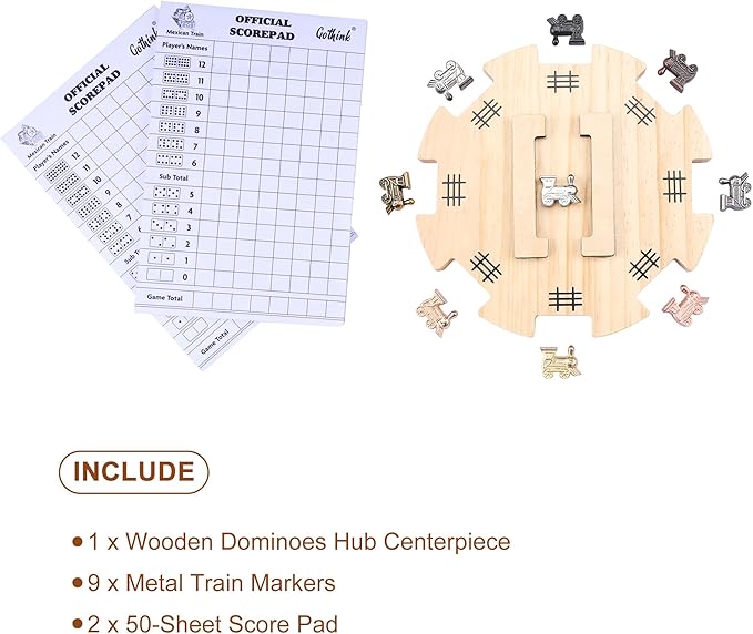 GOTHINK Mexican Train Dominoes Accessories Set - Mexican Train Dominoes Game for Adults & Family, 6.3-Inch Wooden Mexican Train Hub up with Felted Bottom, 9 Metal Train Markers, 100-Sheet Score Pads