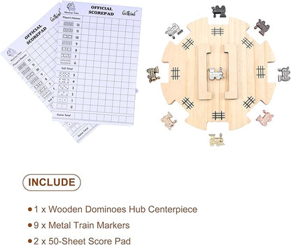 GOTHINK Mexican Train Dominoes Accessories Set - Mexican Train Dominoes Game for Adults & Family, 6.3-Inch Wooden Mexican Train Hub up with Felted Bottom, 9 Metal Train Markers, 100-Sheet Score Pads