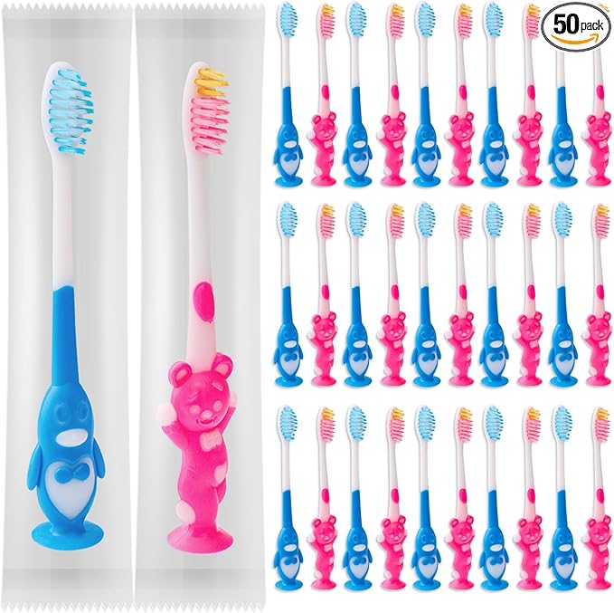 50 pcs Toddler Toothbrush Kids Manual Toothbrush Individually Wrapped Toothbrushes,Kids Toothbrush for Age 2+ Children Toothbrush Set Soft Bristles Boys Girls Toothbrush with Suction Cup