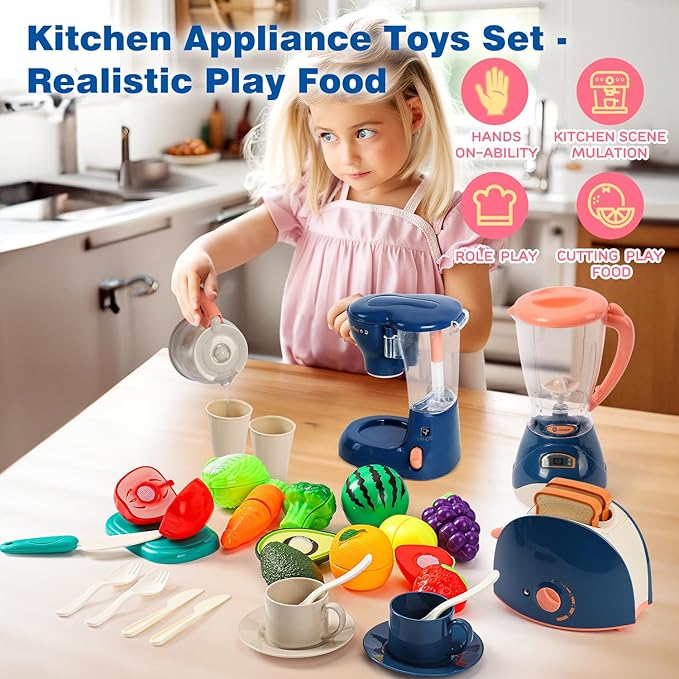 TOY Life Kids Blender Toy, Kids Coffee Maker, Toy Toaster, Toy Kitchen,Play Kitchen Appliances Kids with Light and Sound, Play Coffee Maker for Toddlers, Learning Kitchen Toys Gift for Grils Boys
