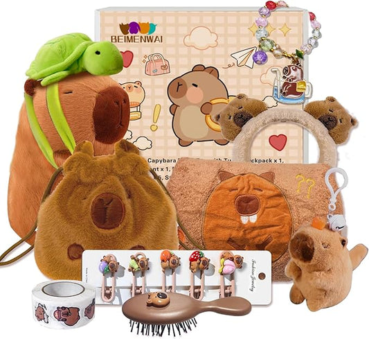 Capybara Plush Gifts for Girls 4 5 6 7 8 9 10+ Years Old, Kids Cute Capybara Toys with Stuffed Animal/Keychain/Bag/Bath Towel/Hair Pins/Bracelet/Headband, Christmas Birthday Plush Toys Set