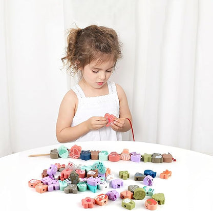 LovesTown Wooden Lacing Beads Set, 67 Pieces, Educational Stringing Toy with Storage Bag, Animal and Fruit Shapes for Toddlers