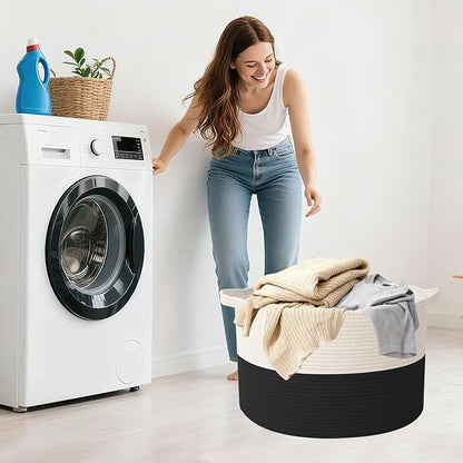 115L Large Blanket Basket,23.6" L x 23.6" W x 15.7" H Rope Woven Baskets with Handles, Toys Storage Bins,Laundry Basket Perfect for Living Room, Nursery,Bedroom,Home Organization,White&Black