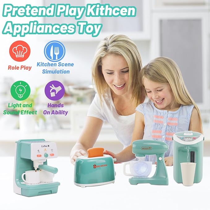 Kitchen Appliances for Kids Pretend Play Set Cooking Toys with Coffee Maker, Blender, Mixer, Toaster, Play Food, Utensils Kitchen Accessories Set for Girls Boys Gift